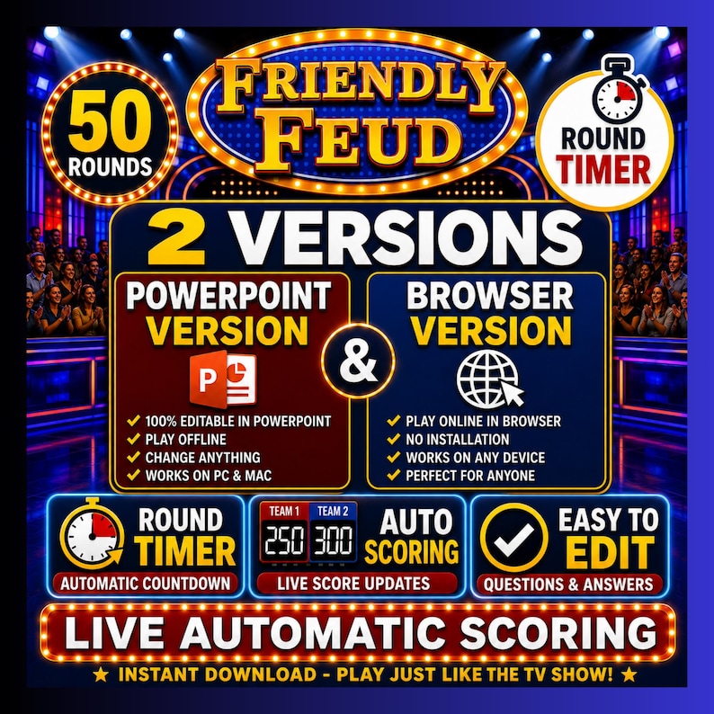 Pu&ograve; includere: Una grafica di gioco digitale intitolata Friendly Feud con 50 round e un timer. Presenta due versioni: una versione PowerPoint per l'uso offline e una versione browser per il gioco online. Include il punteggio automatico e domande e risposte modificabili.