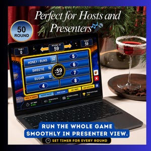 Pu&ograve; includere: Un computer portatile che mostra un'interfaccia di gioco digitale con un timer impostato su 59 secondi, i punteggi di due squadre e un elenco di risposte tra cui Honey/Buns, Sweetie e Sugar. Lo schermo riporta il testo Perfect for Hosts and Presenters.