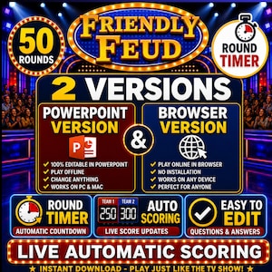 Friendly Feud Family Game Night | 2 Versions PowerPoint , Browser Game Show | Auto Score | Round Timer | Party Games for Adults & Families