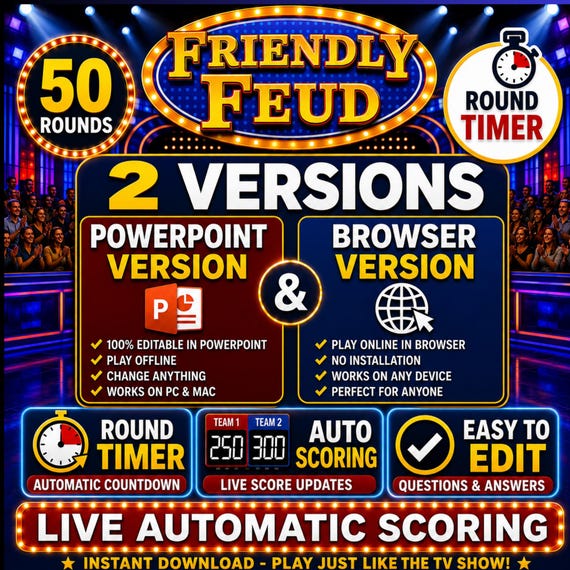 Friendly Feud Family Game Night | 2 Versions PowerPoint , Browser Game Show | Auto Score | Round Timer | Party Games for Adults & Families