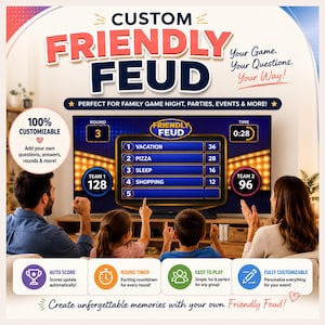 Può includere: Un gioco digitale intitolato Custom Friendly Feud visualizzato su uno schermo televisivo, con una schermata di gioco che mostra il numero del round, i punteggi delle squadre e un timer. L'interfaccia include etichette di testo.