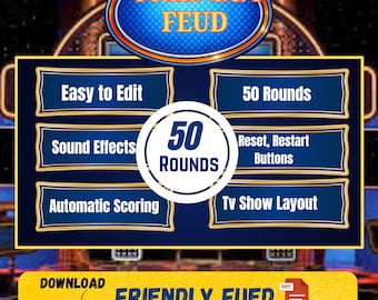 Puede incluir: Una plantilla de presentación digital para "Friendly Feud" con un diseño azul y dorado. Incluye "Fácil de editar", "Efectos de sonido", "Puntuación automática", "50 rondas" y "Diseño de programa de TV". La plantilla está disponible para descargar.