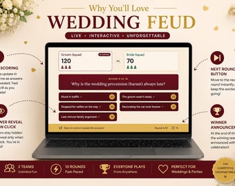 Puede incluir: Una pantalla de ordenador que muestra la interfaz del juego Wedding Feud con un marcador de 120 para Groom Squad y 70 para Bride Squad. La pantalla incluye una pregunta sobre el cortejo nupcial, casillas de respuesta e iconos de control.