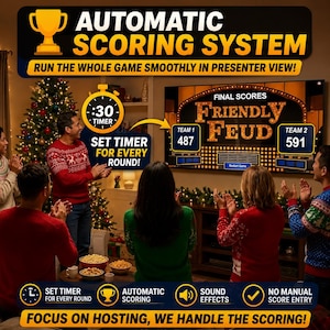 Puede incluir: Una pantalla de juego digital titulada Friendly Feud que muestra puntuaciones finales de 487 para el Equipo 1 y 591 para el Equipo 2. La interfaz incluye un sistema de puntuaci&oacute;n autom&aacute;tica, temporizador de 30 segundos, efectos y sin entrada manual.