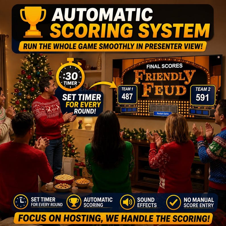Puede incluir: Una pantalla de juego digital titulada Friendly Feud que muestra puntuaciones finales de 487 para el Equipo 1 y 591 para el Equipo 2. La interfaz incluye un sistema de puntuaci&oacute;n autom&aacute;tica, temporizador de 30 segundos, efectos y sin entrada manual.