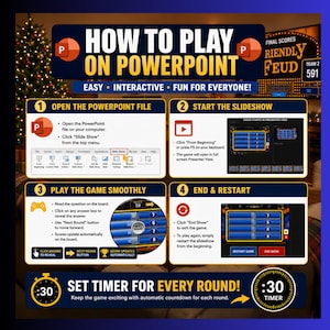 Pu&ograve; includere: Un grafico didattico intitolato HOW TO PLAY ON POWERPOINT con quattro passaggi numerati. Spiega come aprire il file, avviare la presentazione, giocare e terminare o riavviare. Include anche una notifica per un timer di 30 secondi.