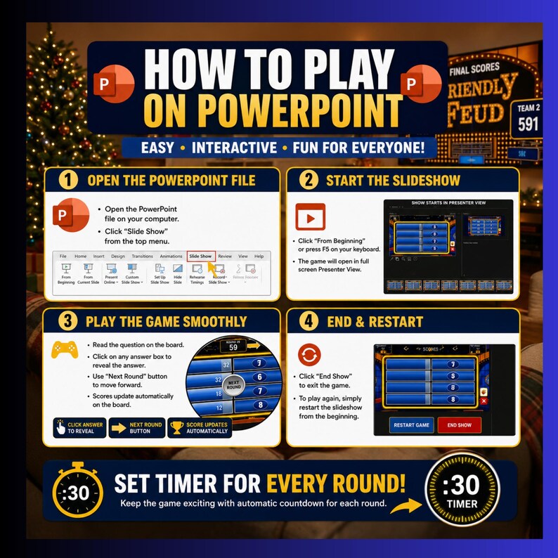 Pu&ograve; includere: Un grafico didattico intitolato HOW TO PLAY ON POWERPOINT con quattro passaggi numerati. Spiega come aprire il file, avviare la presentazione, giocare e terminare o riavviare. Include anche una notifica per un timer di 30 secondi.