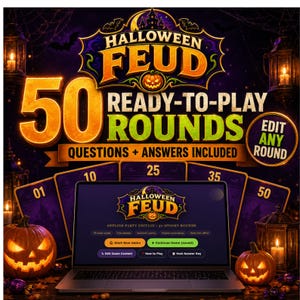 May include: A digital Halloween Feud game set featuring 50 ready-to-play rounds with questions and answers included. The display shows a laptop screen with the game interface, surrounded by orange pumpkins, glowing lanterns, and purple cards.