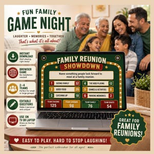 Può includere: Un gioco digitale intitolato Family Reunion Showdown visualizzato sullo schermo di un portatile, con un'interfaccia tipo sondaggio con risposte numerate e punteggi delle squadre. La grafica include testi come Fun Family Game Night.