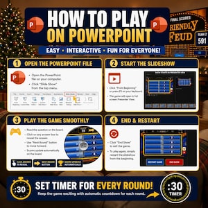 Puede incluir: Un gr&aacute;fico instructivo titulado HOW TO PLAY ON POWERPOINT con cuatro pasos numerados. Explica c&oacute;mo abrir el archivo, iniciar la presentaci&oacute;n, jugar y finalizar o reiniciar. Incluye iconos, capturas de pantalla y un temporizador de 30 segundos.