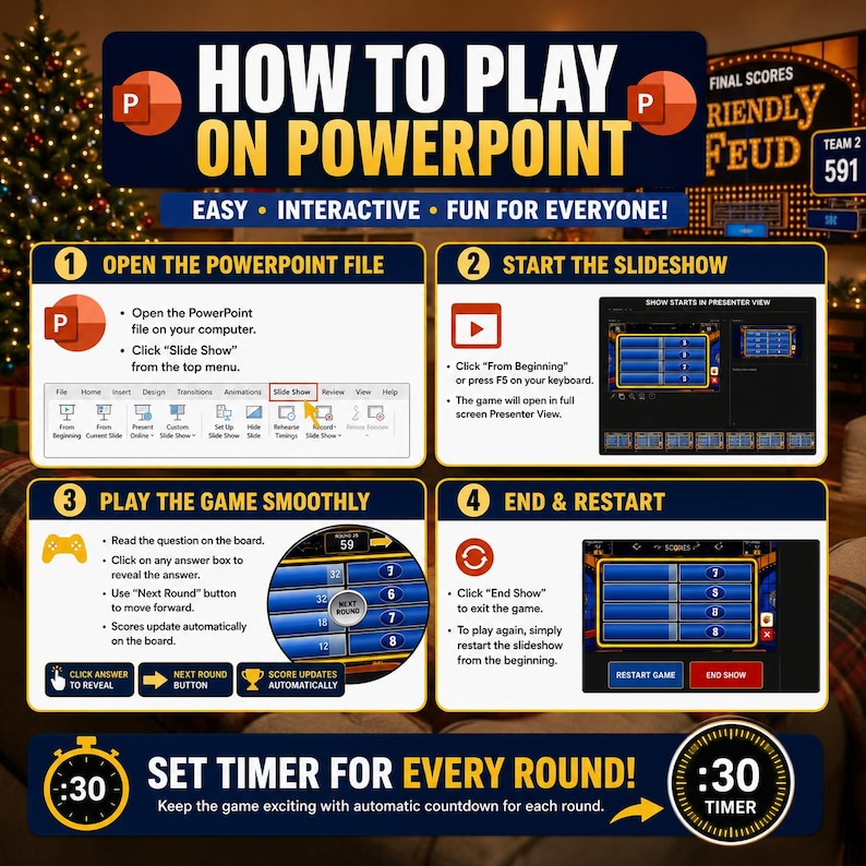 Puede incluir: Un gr&aacute;fico instructivo titulado HOW TO PLAY ON POWERPOINT con cuatro pasos numerados. Explica c&oacute;mo abrir el archivo, iniciar la presentaci&oacute;n, jugar y finalizar o reiniciar. Incluye iconos, capturas de pantalla y un temporizador de 30 segundos.