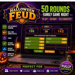 May include: A digital Halloween Feud family game night set featuring 50 rounds, live automatic scoring, real-time sound effects, a timer, and editable questions. The screen displays a game interface with team scores, a question, and answers.