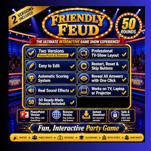 Pu&ograve; includere: Un modello di gioco a quiz digitale intitolato Friendly Feud con 50 round, layout professionale da programma TV, punteggio automatico, effetti sonori e due versioni per PowerPoint e browser, compatibile con TV, laptop e proiettori.