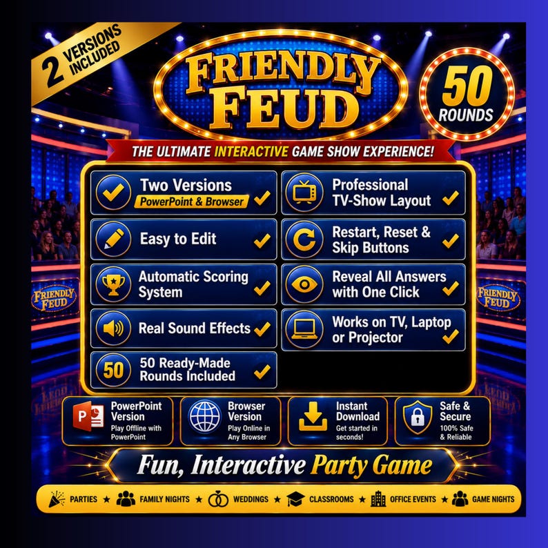 Pu&ograve; includere: Un modello di gioco a quiz digitale intitolato Friendly Feud con 50 round, layout professionale da programma TV, punteggio automatico, effetti sonori e due versioni per PowerPoint e browser, compatibile con TV, laptop e proiettori.