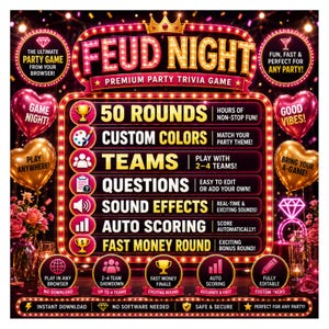 Può includere: Una grafica di gioco a quiz digitale intitolata FEUD NIGHT con un bordo di luci da spettacolo. Elenca caratteristiche tra cui 50 round, colori personalizzati, gioco a squadre, domande modificabili, effetti sonori e punteggio automatico.