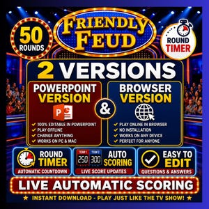 Pu&ograve; includere: Una grafica di gioco digitale intitolata Friendly Feud con 50 round e un timer. Offre due versioni: una versione PowerPoint per il gioco offline e una versione browser per l'uso online. Include funzionalit&agrave; come il punteggio automatico e la modifica.