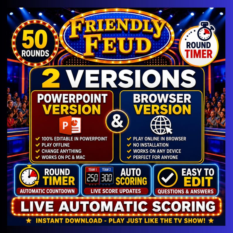 Pu&ograve; includere: Una grafica di gioco digitale intitolata Friendly Feud con 50 round e un timer. Offre due versioni: una versione PowerPoint per il gioco offline e una versione browser per l'uso online. Include funzionalit&agrave; come il punteggio automatico e la modifica.
