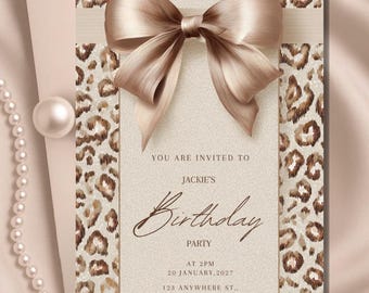 Invitación de cumpleaños con temática de guepardo, fiesta con lazo coqueto (plantilla editable de Canva)