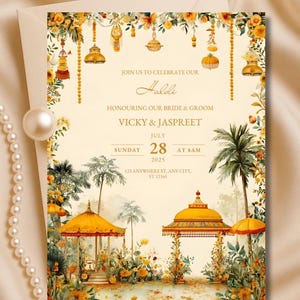 May include: An invitation for a Haldi ceremony, featuring text that reads "Join us to celebrate our Haldi, Honouring our Bride & Groom, Vicky & Jaspreet, July 28, 2025 at 8am". The design includes floral and architectural elements.