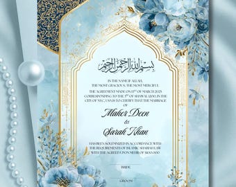 Plantilla de contrato Nikkah floral azul para una elegante boda islámica (descarga digital)