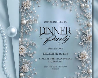 Pearl Blue Dinner Party Invitation: Elegant Jewel Theme (Digital Download)