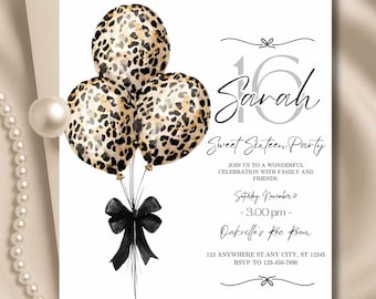Invitación de cumpleaños con globo de guepardo y lazo elegante (Plantilla de Canva - Descarga digital)