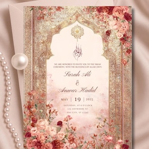 May include: Elegant wedding invitation with floral and gold accents. The invitation features the names Sarah Ali & Anwar Hadid, with the date May 19, 2025. The text includes the time and location of the ceremony.