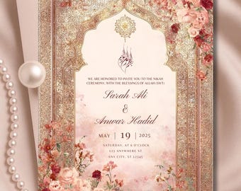 Pink Red Nikkah Invitation Editable Islamic Wedding Invite Elegant Floral Nikah Card Canva Template Printable Digital Download