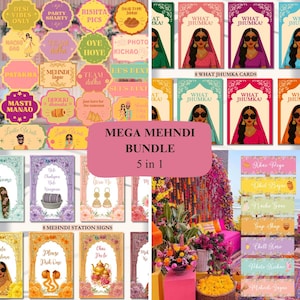 Op de afbeelding: Een verzameling kleurrijke feestversieringen en borden voor een Mehndi-viering. De bundel bevat fotohokjes, uitnodigingskaarten en stationsborden. De borden bevatten tekst in verschillende lettertypen en kleuren, met bloemen- en geometrische ontwerpen.