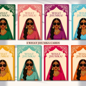 Pode incluir: Oito cartões com o texto "WHAT JHUMKA?" apresentam ilustrações de uma mulher usando óculos de sol, joias e uma roupa tradicional indiana. Os cartões têm fundos de cores diferentes, incluindo verde, rosa, roxo e azul.