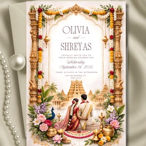 May include: Wedding invitation featuring the names "Olivia and Shreyas" in elegant script. The invitation includes ornate gold pillars, floral garlands, and a couple in traditional attire. The date is Wednesday, September 14, 2035.