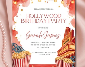 May include: Hollywood-themed birthday party invitation with red and gold watercolor accents. The invitation features popcorn, film reels, and a vintage movie theater illustration. Text includes "Hollywood Birthday Party" and event details.