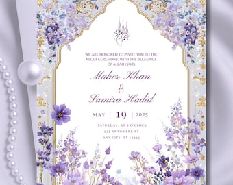 Puede incluir: Elegante tarjeta de invitación con un diseño floral en tonos morados y dorados. La tarjeta presenta los nombres "Maher Khan & Samira Hadid" y los detalles del evento. El texto dice: "Nos honra invitarles a la ceremonia Nikah, con las bendiciones de Allah (SWT)."