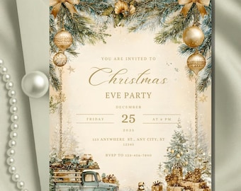 May include: A Christmas Eve party invitation with a vintage aesthetic. The design features gold ornaments, pine branches, and a light blue truck carrying gifts. The text reads "Christmas Eve Party" and includes the date, time, and RSVP information.
