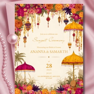 Może przedstawiać: Zaproszenie ślubne z elementami kwiatowymi i dekoracyjnymi. Zaproszenie zawiera tekst "Sangeet Ceremony" oraz imiona "ANANYA & SAMARTH". Data to 28 lipca 2025 roku. Projekt obejmuje żółte parasole i wiszące lampiony.