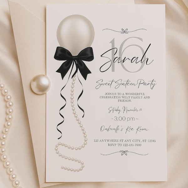 Black Bow Birthday Invitation, Pearl Coquette Theme (Editable Canva Template)