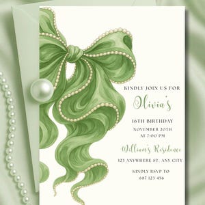 Sage Green Pearl Bow Birthday Invitation, Coquette Party (Editable Canva Template)