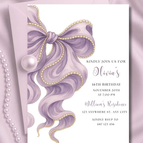 Purple Pearl Bow Birthday Invitation, Elegant Coquette Template (Digital Download)