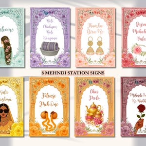 Op de afbeelding: Acht Mehndi-stationsborden met bloemen- en boogontwerpen. Elk bord bevat een unieke illustratie en tekst in verschillende kleuren, waaronder "Welcome", "Bole Chudiyan Bole Kangana" en "Please Pick One".