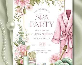 Spa Birthday Party Invitation, Glam Pamper, Editable Canva Template (Digital Download)