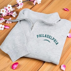 Besticktes Philadelphia Bay Football Quarter Zip Sweatshirt, Kuscheliger Game Day Pullover, Fußball Sweatshirt, Geschenk für Fußballliebhaber