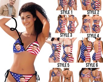 Personalized Flag Swimsuit with Face Women Custom Bathing Suit, Flag Bathing Suit Independence Day Swimsuit With Face American Flag Bikini