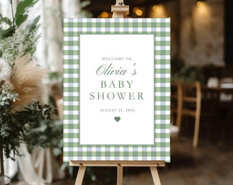 Green Gingham Baby Shower Welcome Sign: Editable Canva Template (Digital Download)