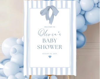 Letrero de bienvenida de rayas azules para baby shower: Decoración editable para fiestas (Descarga digital, plantilla de Canva)
