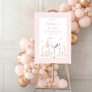 Pink Baby Shower Welcome Sign, Gingham Party Sign, Editable Baby Girls Baby Shower Sign, Custom Party Sign Template, Party Decor