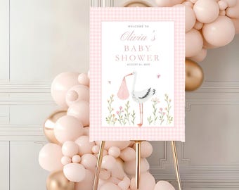 Różowa kratka w kratkę – tabliczka powitalna na baby shower: edytowalny szablon (do pobrania w wersji cyfrowej)