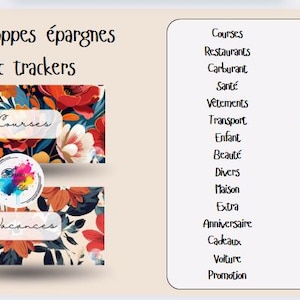 Peut inclure: Enveloppes à motifs floraux avec les mots "Courses" et "Vacances". L'image comprend également une liste de catégories financières telles que "Courses", "Restaurants" et "Vacances".