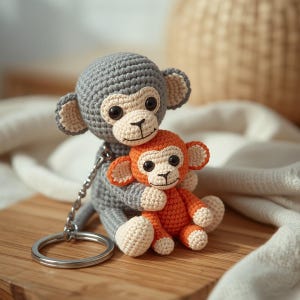 May include: A crocheted gray monkey keychain hugging a smaller orange monkey. Both have beige faces, ears, and feet, with black eyes and stitched smiles. The keychain has a silver ring attached. The toys are sitting on a wooden surface.