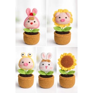 May include: A collection of five crocheted flower pot dolls. Each doll features a different animal head, including a bunny, pig, and frog, atop a green leaf stem. The dolls are set in crocheted brown pots, creating a whimsical display.