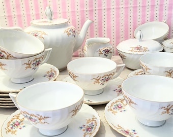 Juego de té de porcelana fina RoyalTettau Bavaria de 23 piezas, diseño floral dorado